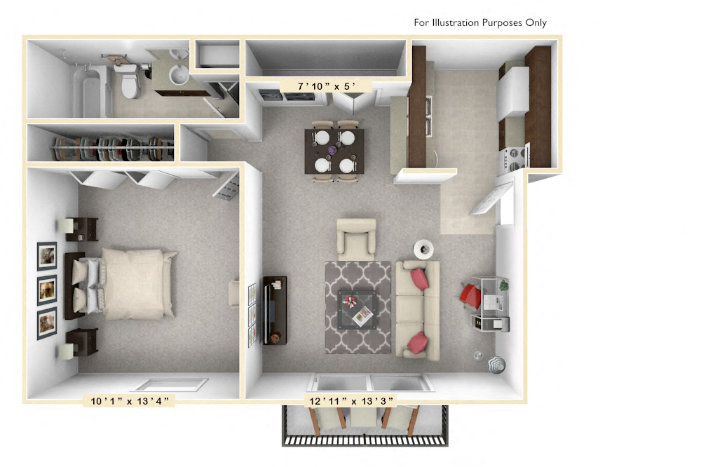 Floor plan for 1 bed, 1 bath, 562 sqft